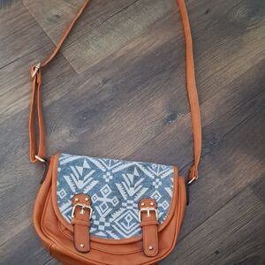 Stylish Camel & Denim Print Women's Bag with Polka Dot Interior & Shoulder Strap